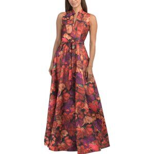 RENE BY RENE RUIZ Sleeveless Floral Mikado Gown With Belt